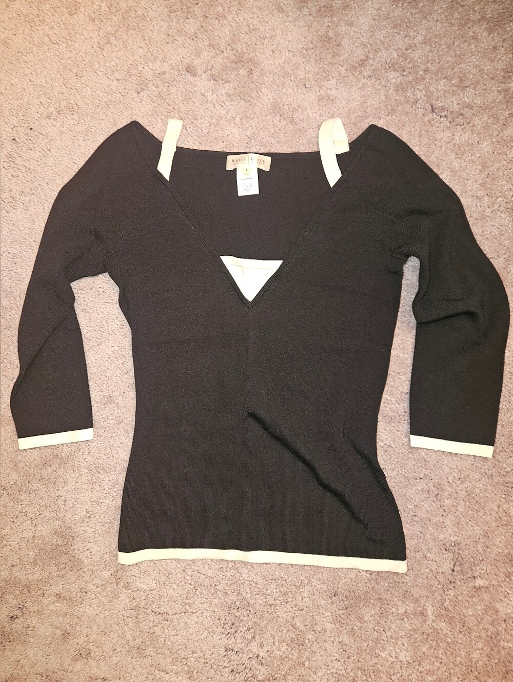 White House Black Market Black V-Neck Top with White Trim NWOT